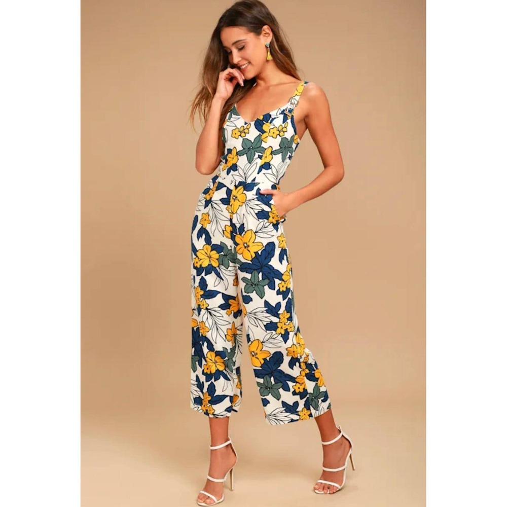 J.O.A. Los Angeles Floral Wide Leg Jumpsuit Small Yellow Navy Culotte Crop Lulus
